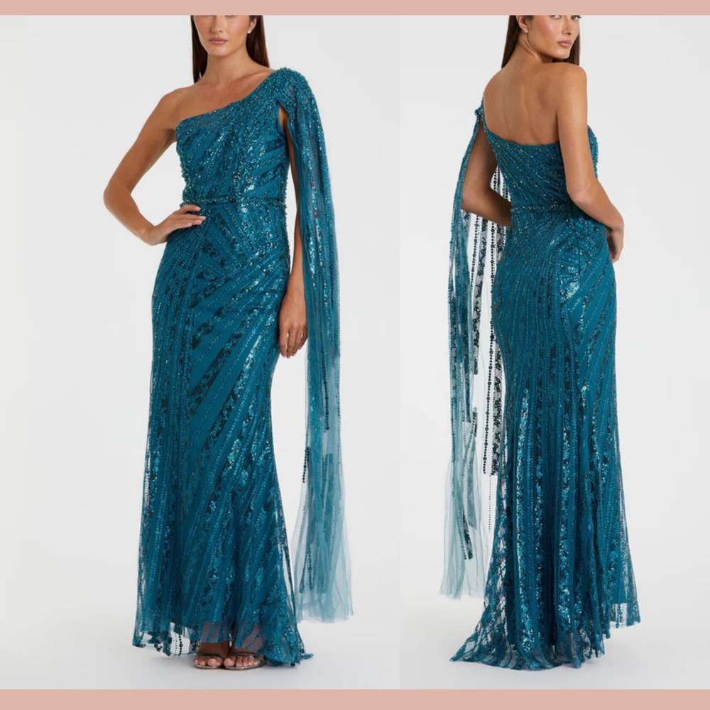 NWT Mac Duggal [ 4 ] 20528 One Shoulder‎ Cape Sleeve Embellished Gown Blue J1911 - Picture 2 of 15